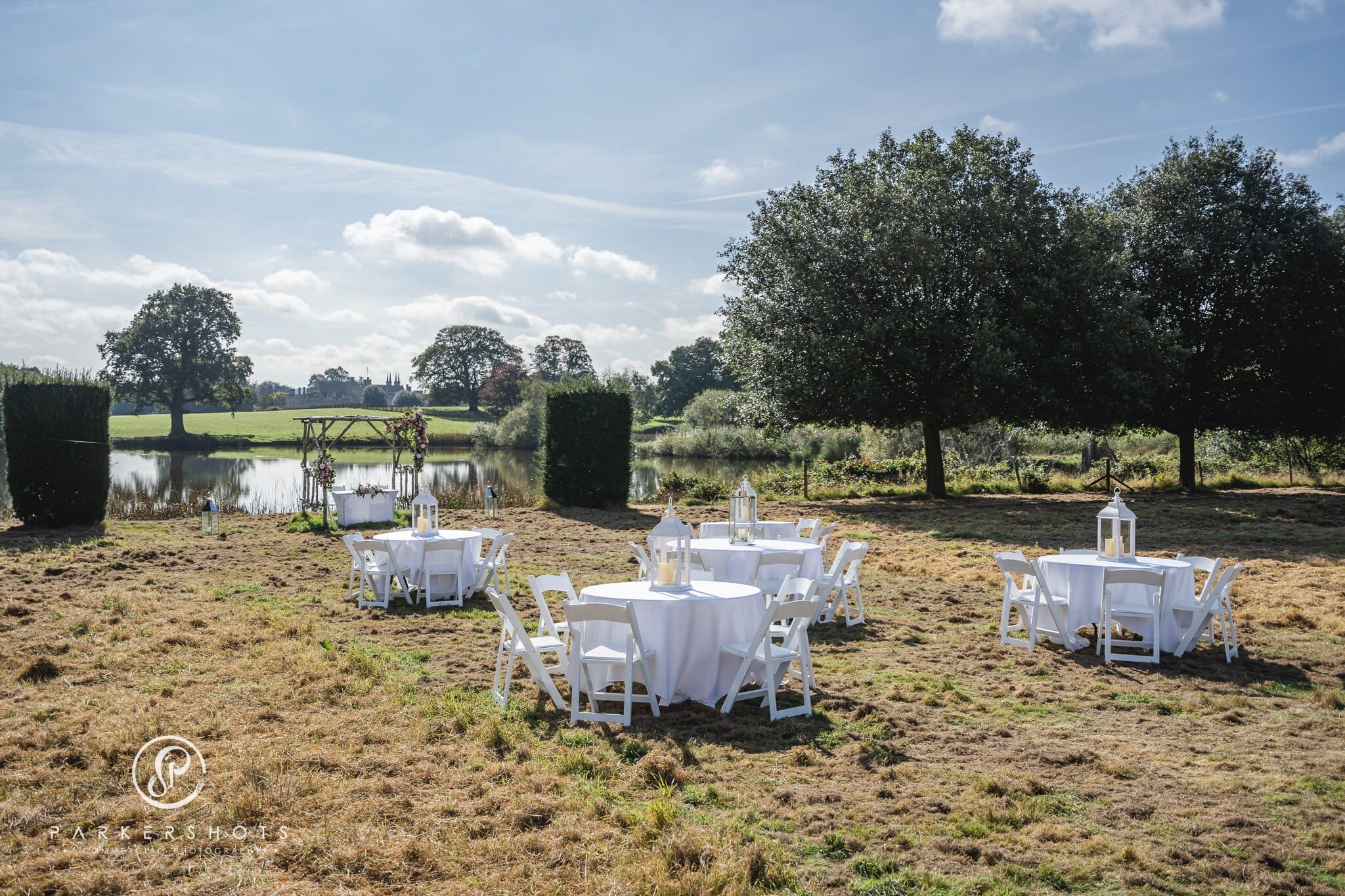 View of outside dining set up at Penshurst Place by Lake