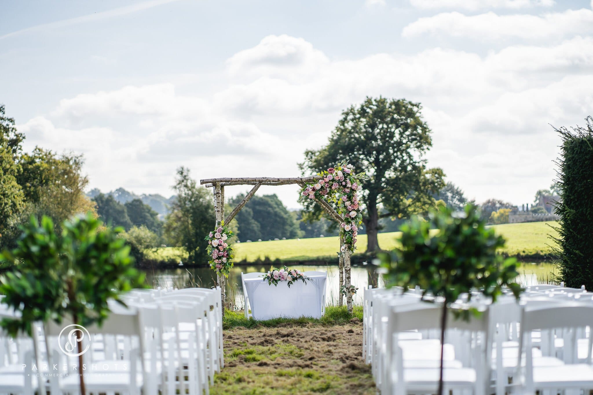 View down aisle of outside wedding ceremony location at Penshurst Place